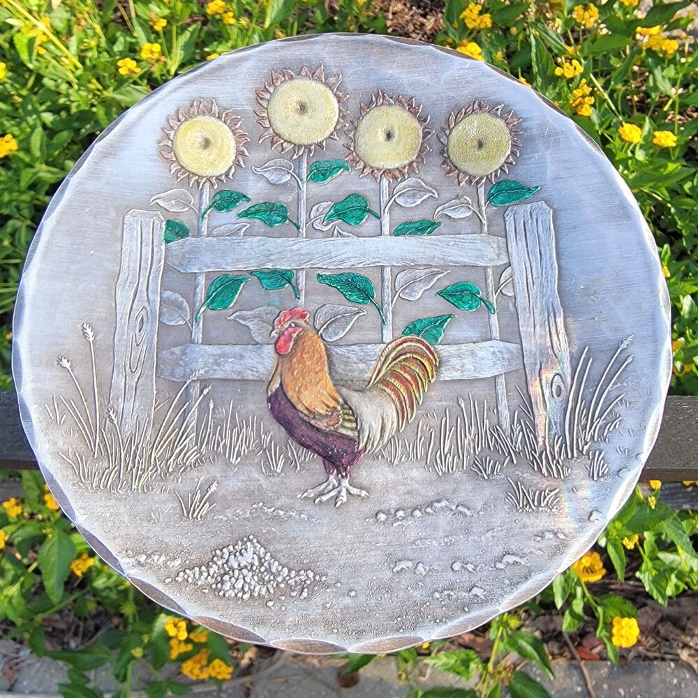 Vintage American Forging Hand Hamered Aluminum Rooster Sunflower Plate 5.5"